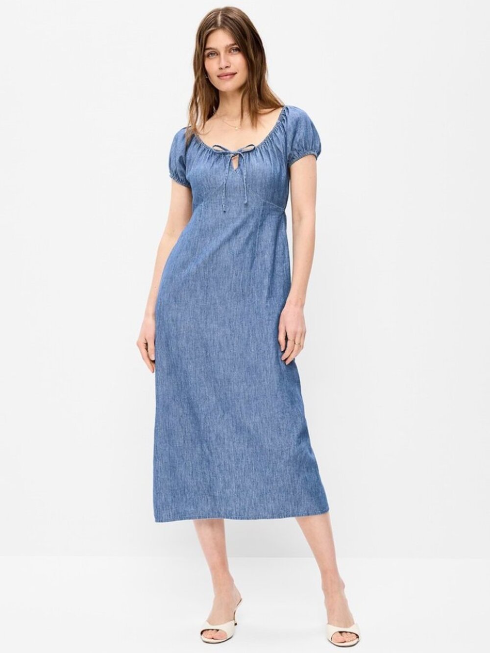 Short-Sleeve Scoop-Neck Midi Dress Size S | Chambray